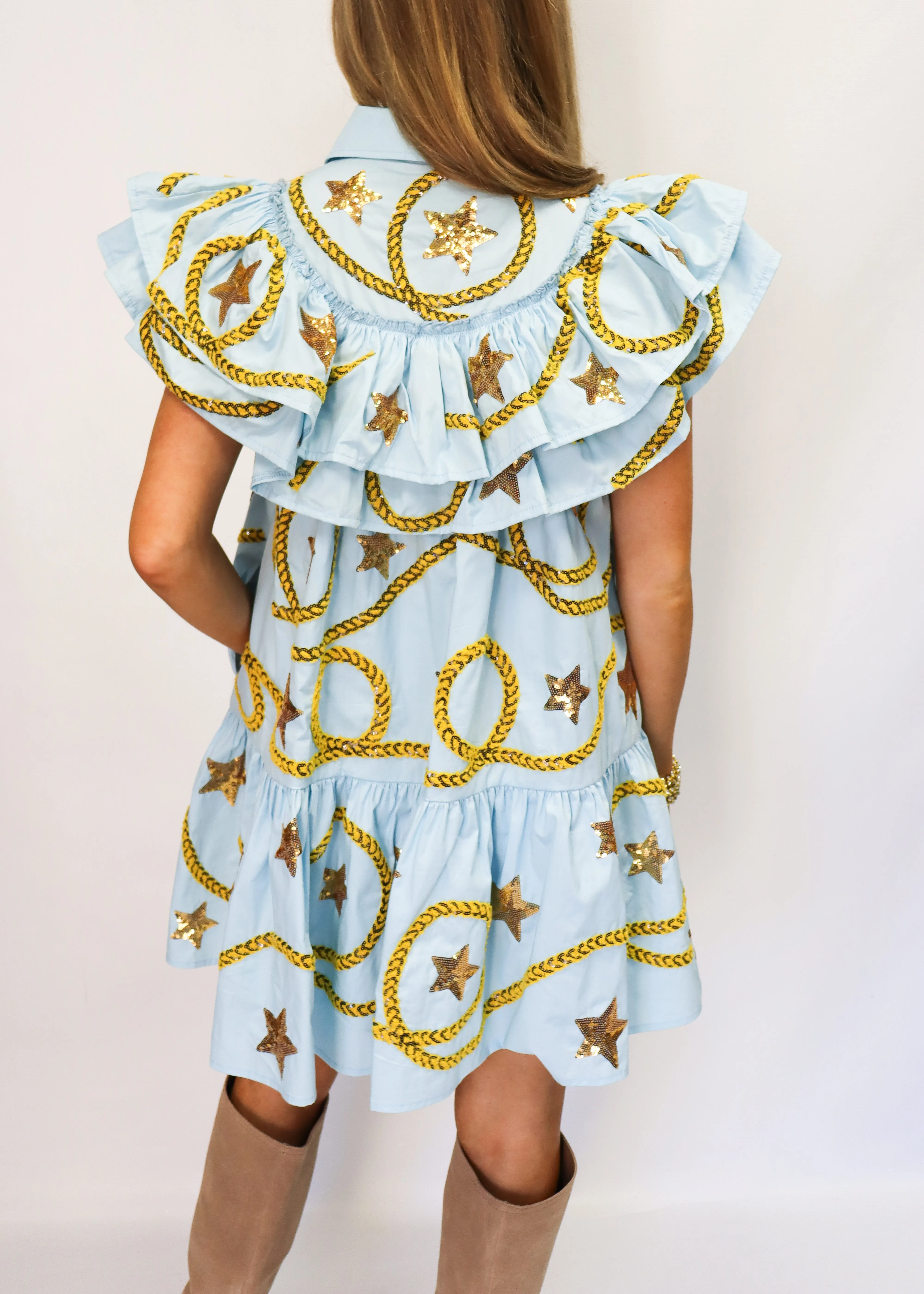 Queen of Sparkles Light Blue Star & Rope Ruffle Dress