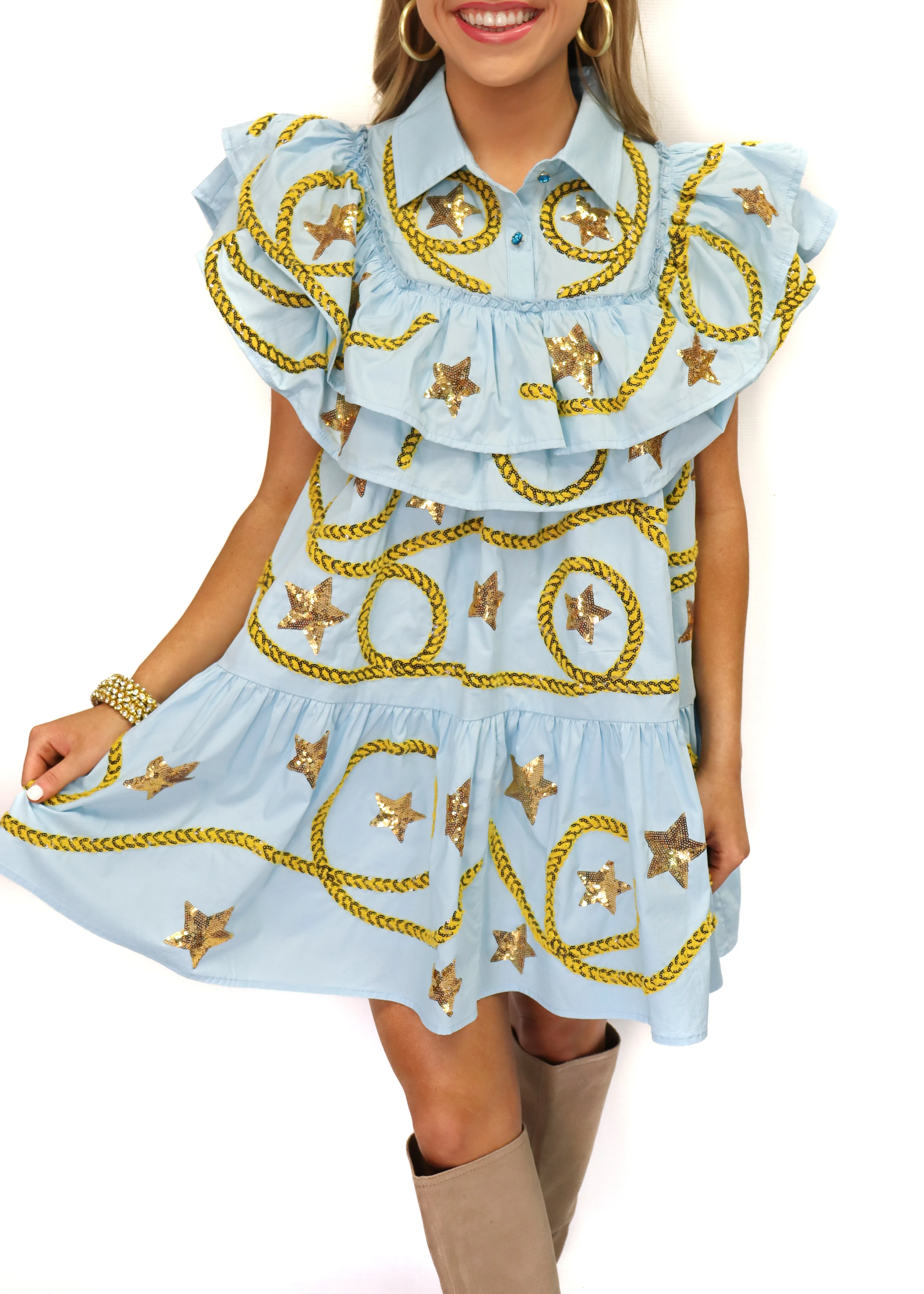Queen of Sparkles Light Blue Star & Rope Ruffle Dress