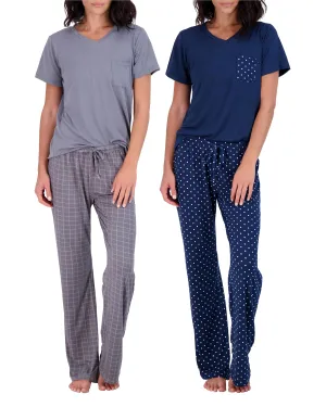 Real Essentials Women’s Pajama Sets Ladies Short Sleeve V-Neck Tops Pants Bottoms Pijama Mujer comfy Soft PJ fashion Sleepwear Lightweight Sleep loungewear Night Wear, Set 6, Pack of 2
