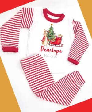 Red Rabbit & Sleigh Personalised Red Stripe Pyjamas