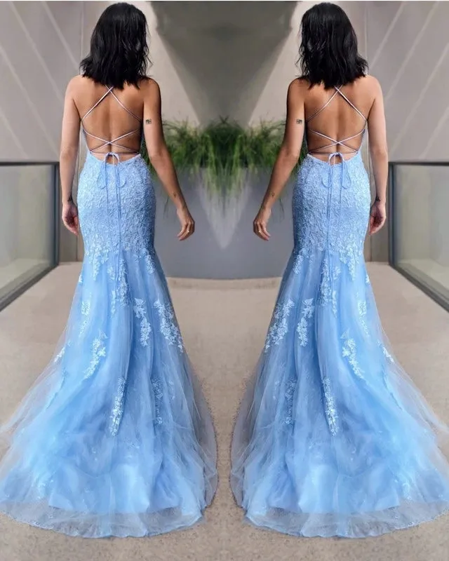 Sexy Mermaid Light Blue Lace Prom Dresses Open Back