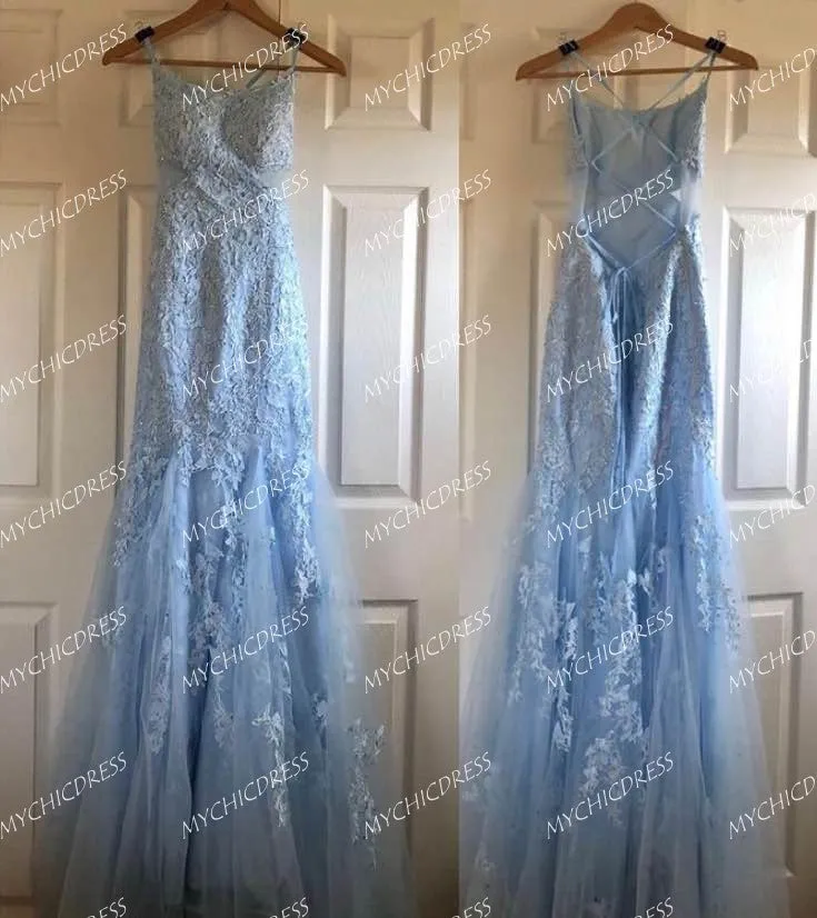 Sexy Mermaid Light Blue Lace Prom Dresses Open Back