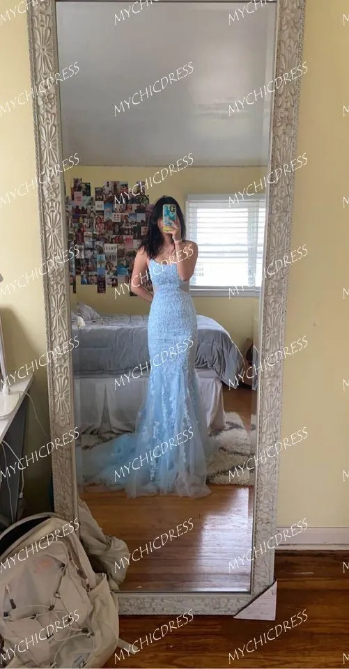 Sexy Mermaid Light Blue Lace Prom Dresses Open Back