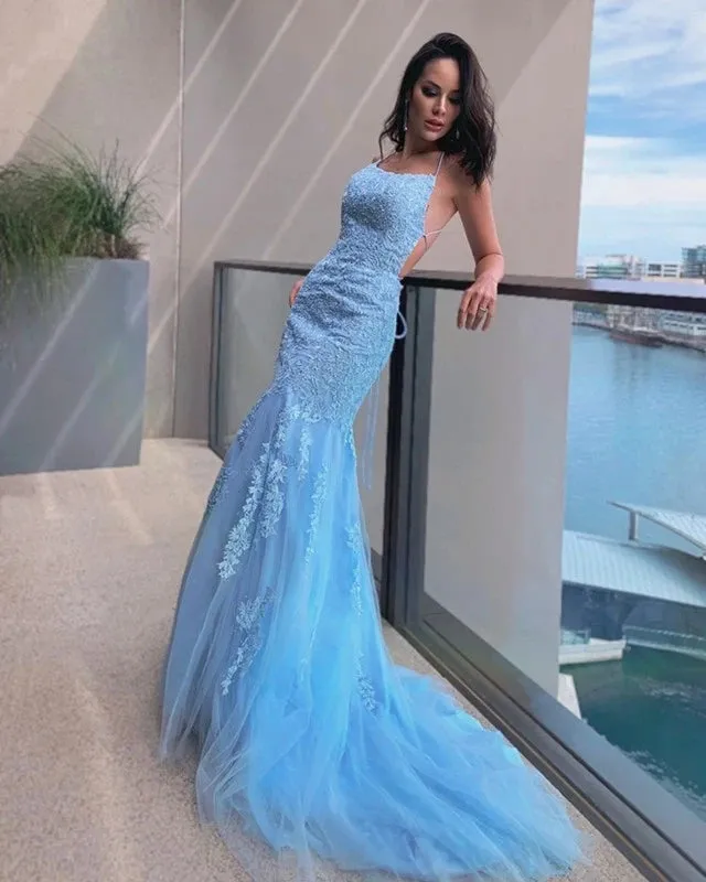 Sexy Mermaid Light Blue Lace Prom Dresses Open Back