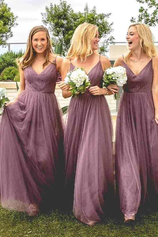 Sexy Spaghetti Straps Long Cheap Light Purple Tulle Bridesmaid Dresses Online, TYP1055