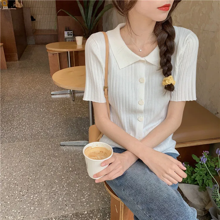 Short Sleeve Thin Knitted Lapel Collar Shirt
