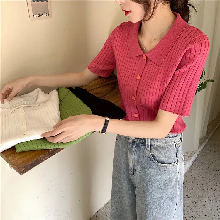 Short Sleeve Thin Knitted Lapel Collar Shirt