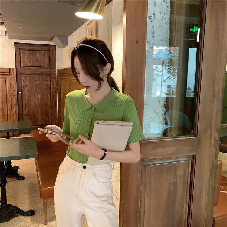 Short Sleeve Thin Knitted Lapel Collar Shirt