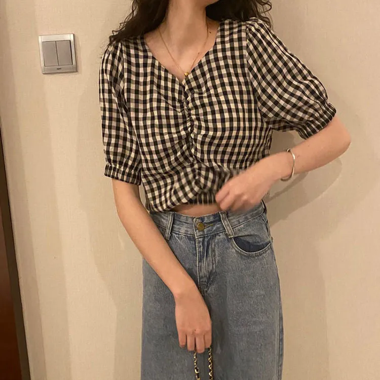 Simple Retro Plaid Crop Blouse Shirts