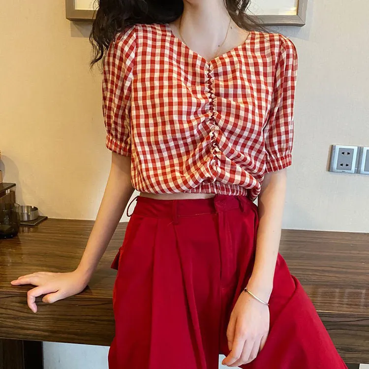 Simple Retro Plaid Crop Blouse Shirts