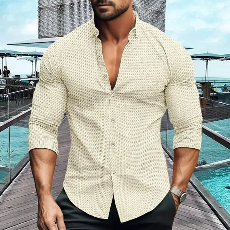 Simple Waffle Textured Long-Sleeve Shirt for Gentlemen