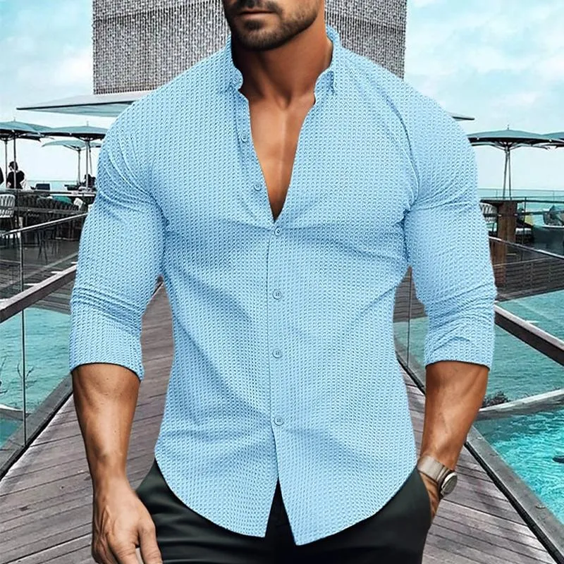 Simple Waffle Textured Long-Sleeve Shirt for Gentlemen