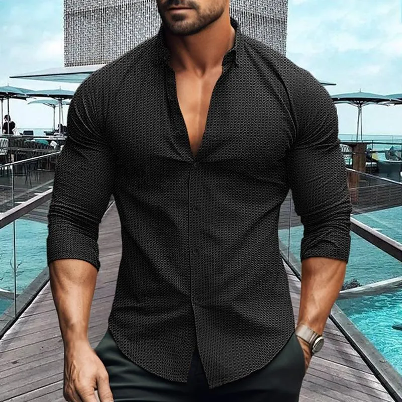 Simple Waffle Textured Long-Sleeve Shirt for Gentlemen