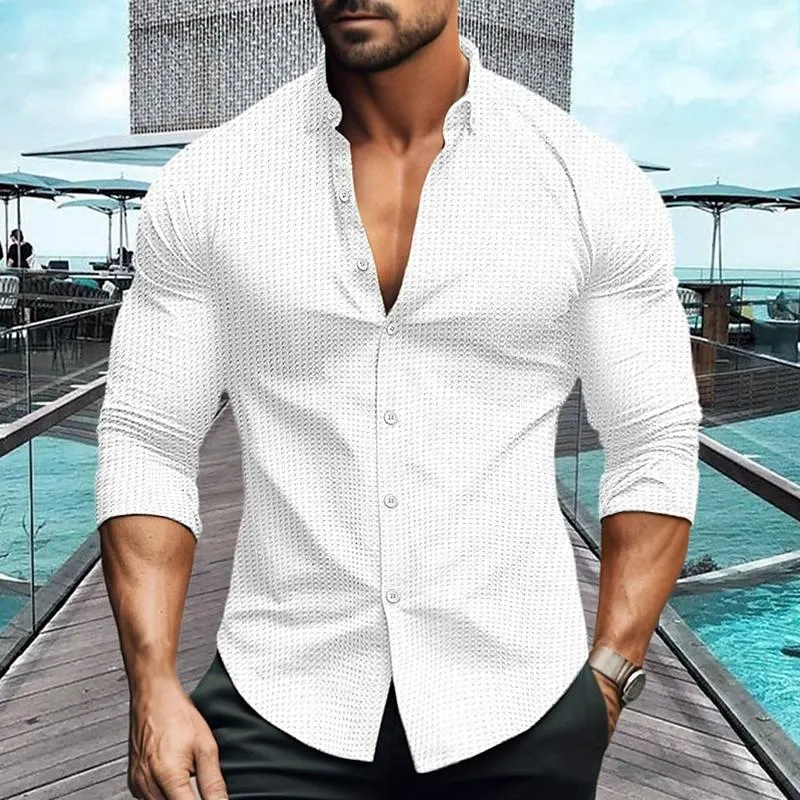 Simple Waffle Textured Long-Sleeve Shirt for Gentlemen