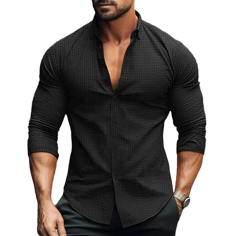 Simple Waffle Textured Long-Sleeve Shirt for Gentlemen