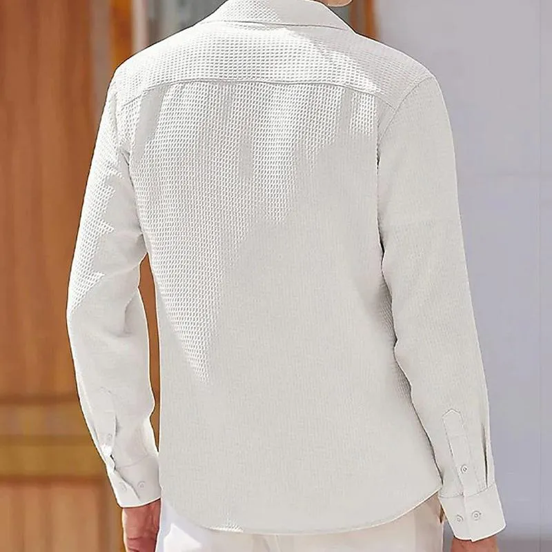 Simple Waffle Textured Long-Sleeve Shirt for Gentlemen