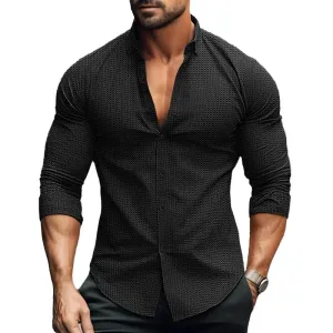 Simple Waffle Textured Long-Sleeve Shirt for Gentlemen