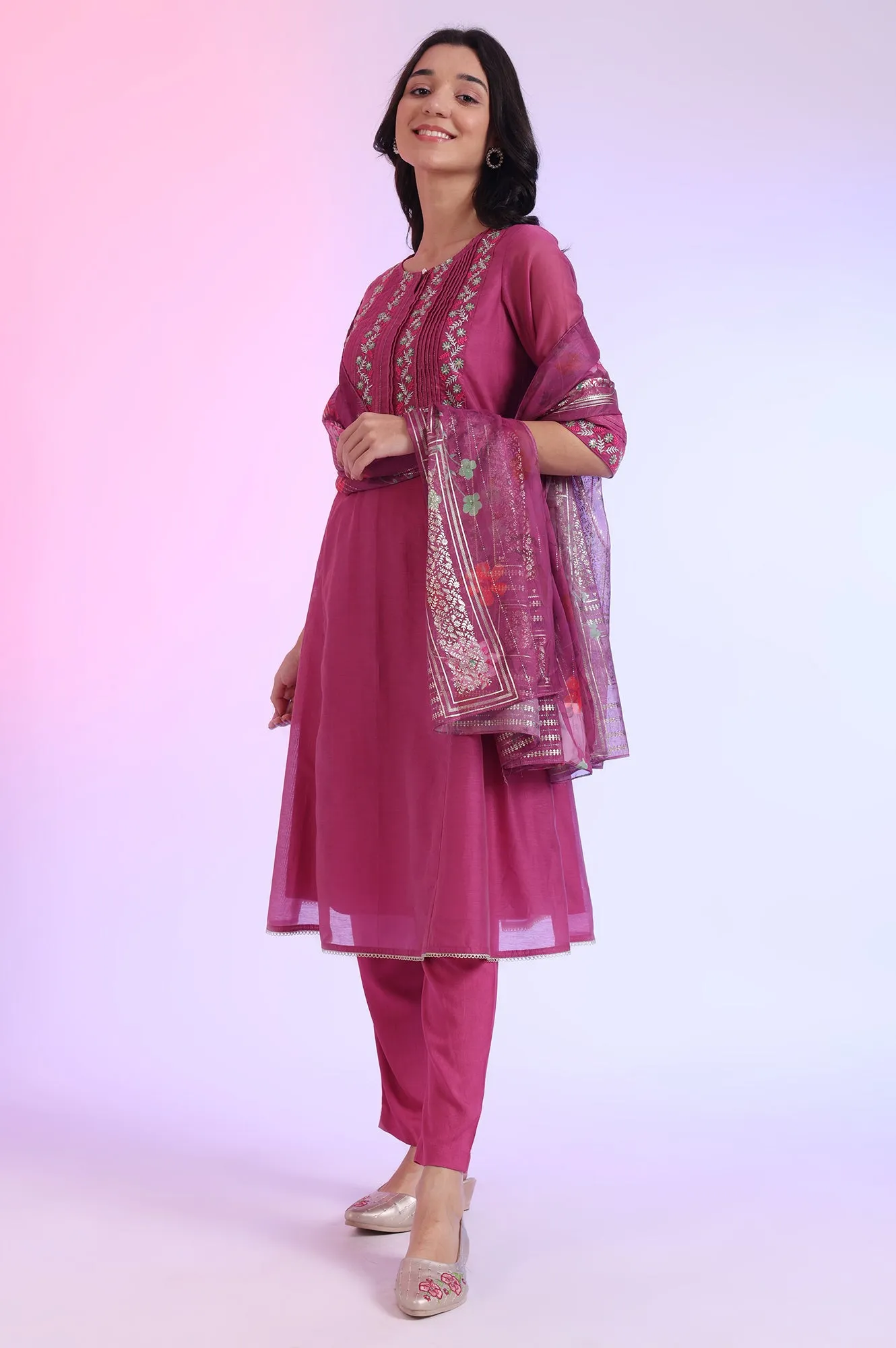 Solid Sequins Pure Cotton Anarkali Kurta & Palazzos with Dupatta Set