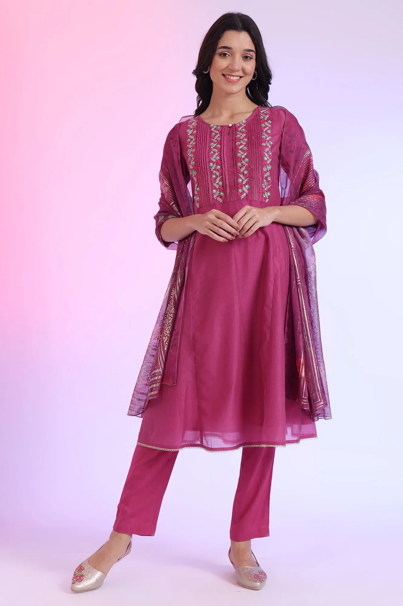 Solid Sequins Pure Cotton Anarkali Kurta & Palazzos with Dupatta Set