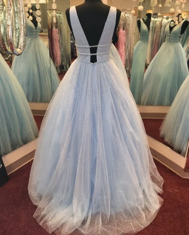 Sparkly A Line V Neck and V Back Yellow/Pink/Light Blue Long Prom, Yellow/Pink/Light Blue Formal, Evening