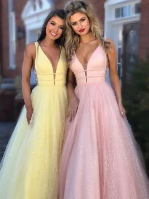 Sparkly A Line V Neck and V Back Yellow/Pink/Light Blue Long Prom, Yellow/Pink/Light Blue Formal, Evening