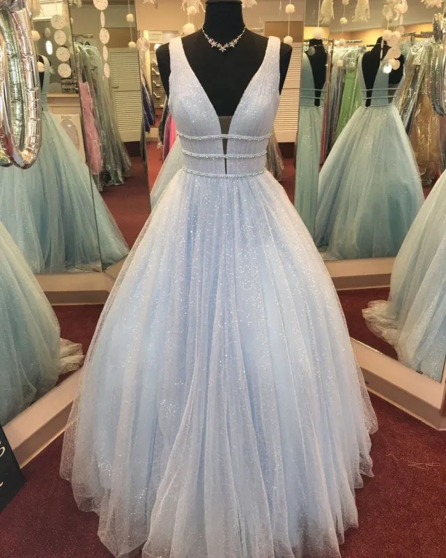 Sparkly A Line V Neck and V Back Yellow/Pink/Light Blue Long Prom, Yellow/Pink/Light Blue Formal, Evening