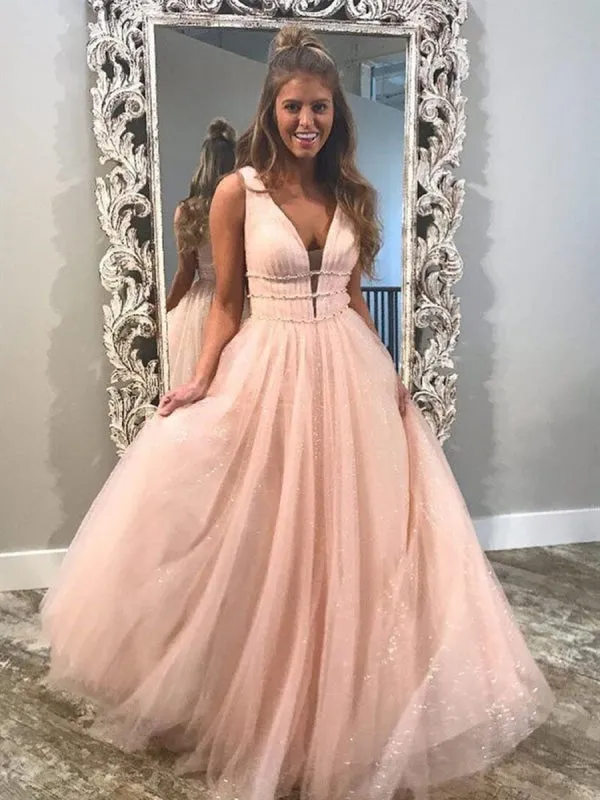 Sparkly A Line V Neck and V Back Yellow/Pink/Light Blue Long Prom, Yellow/Pink/Light Blue Formal, Evening