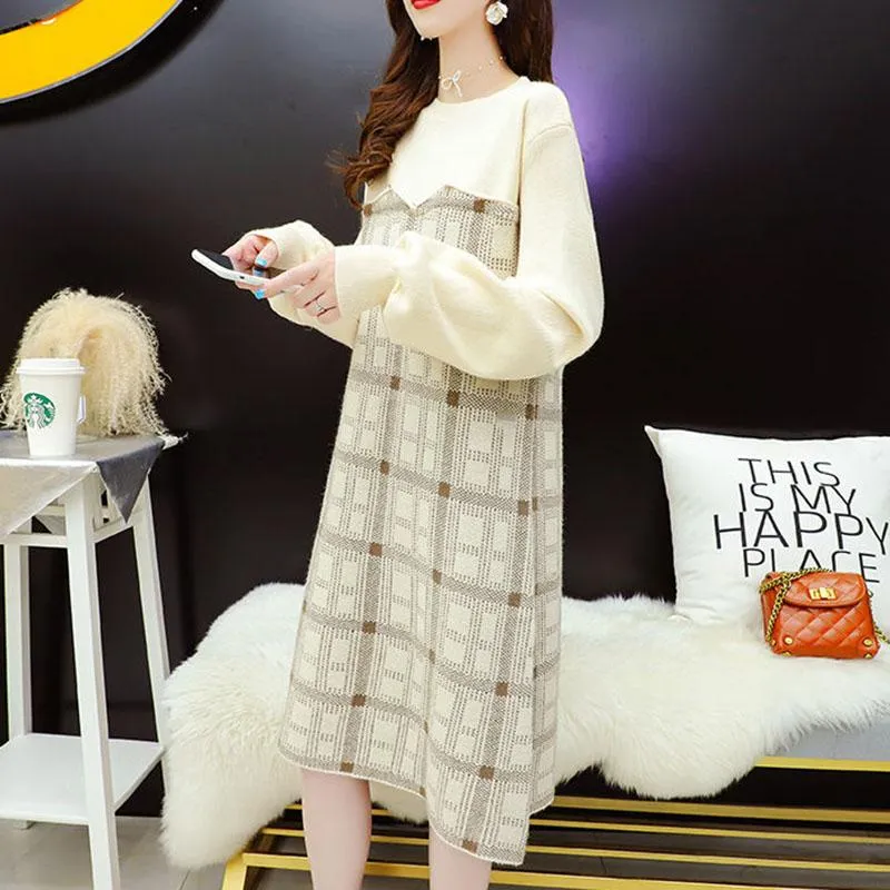 Spring and Autumn Dress French Niche Dress Fashion Knitted Loose Sweater Dress Casual Simple Women Sweater Dress