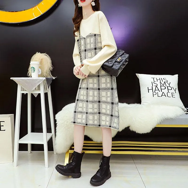 Spring and Autumn Dress French Niche Dress Fashion Knitted Loose Sweater Dress Casual Simple Women Sweater Dress