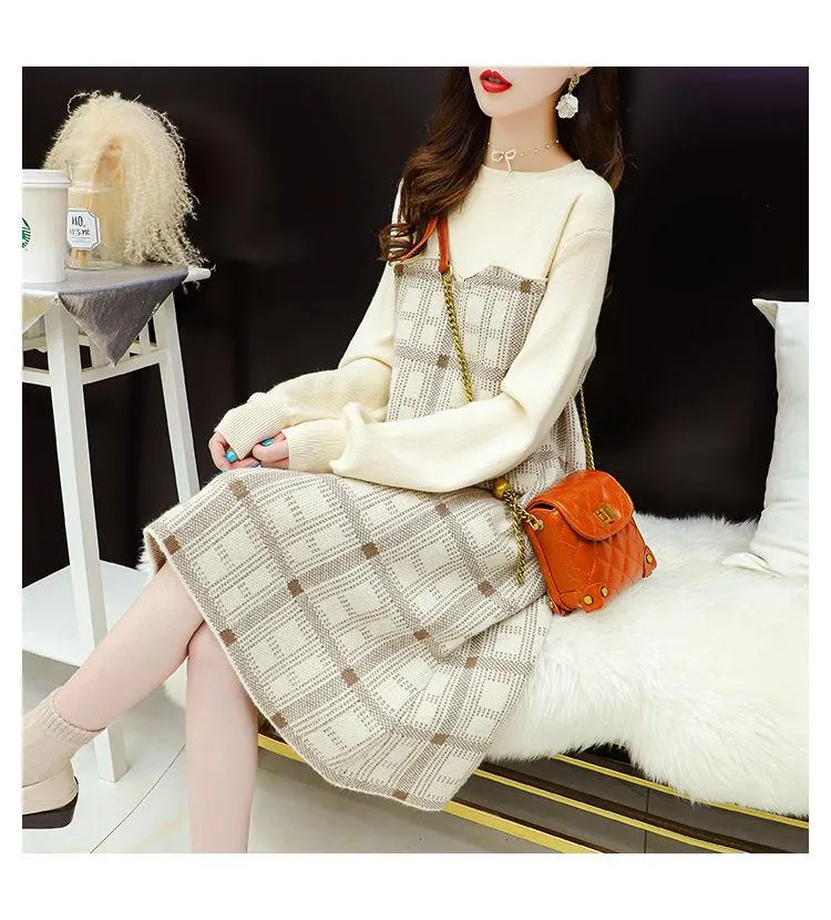 Spring and Autumn Dress French Niche Dress Fashion Knitted Loose Sweater Dress Casual Simple Women Sweater Dress