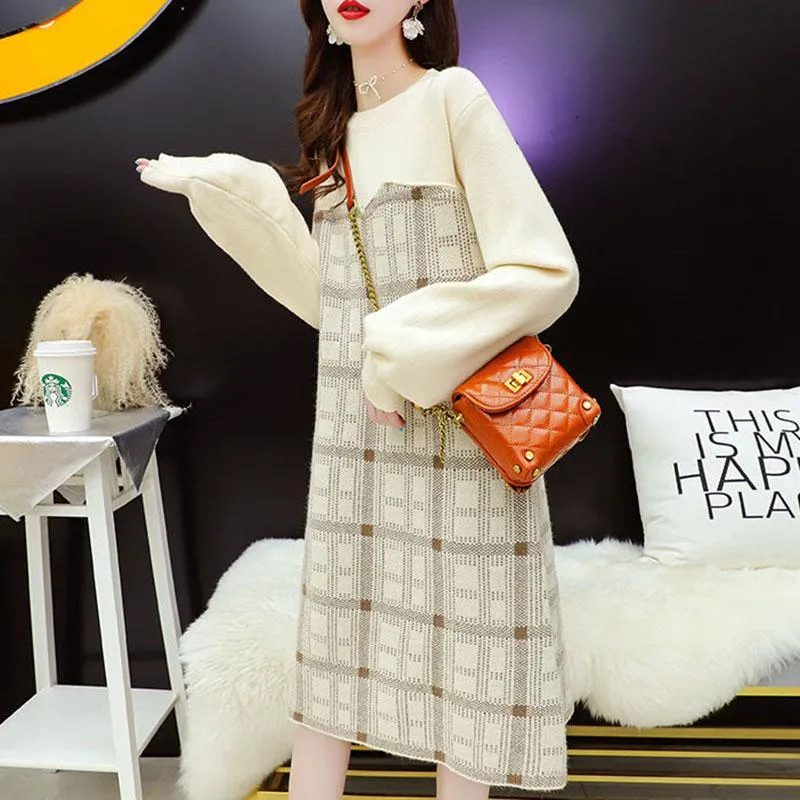 Spring and Autumn Dress French Niche Dress Fashion Knitted Loose Sweater Dress Casual Simple Women Sweater Dress
