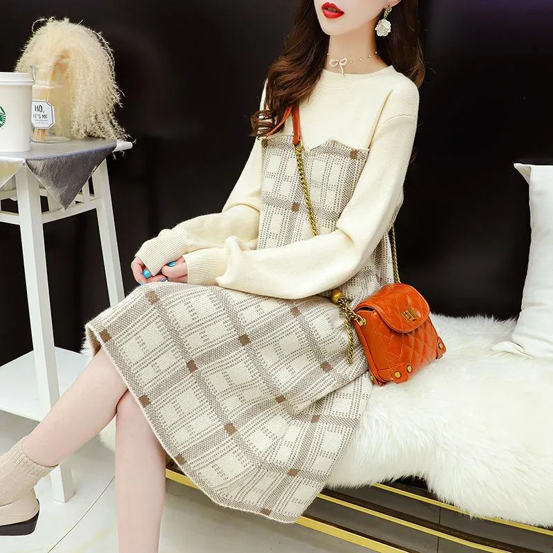 Spring and Autumn Dress French Niche Dress Fashion Knitted Loose Sweater Dress Casual Simple Women Sweater Dress