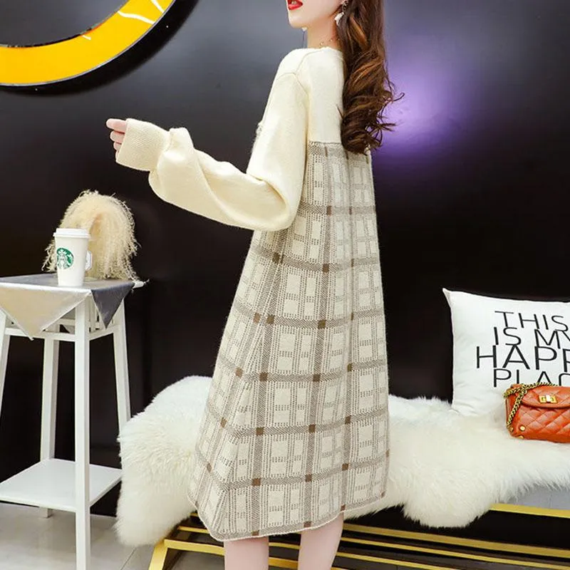 Spring and Autumn Dress French Niche Dress Fashion Knitted Loose Sweater Dress Casual Simple Women Sweater Dress