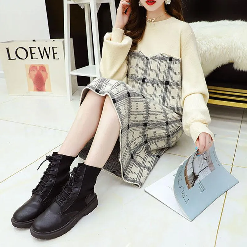Spring and Autumn Dress French Niche Dress Fashion Knitted Loose Sweater Dress Casual Simple Women Sweater Dress