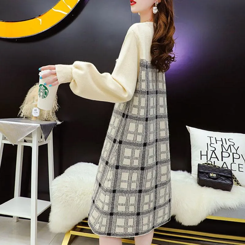 Spring and Autumn Dress French Niche Dress Fashion Knitted Loose Sweater Dress Casual Simple Women Sweater Dress