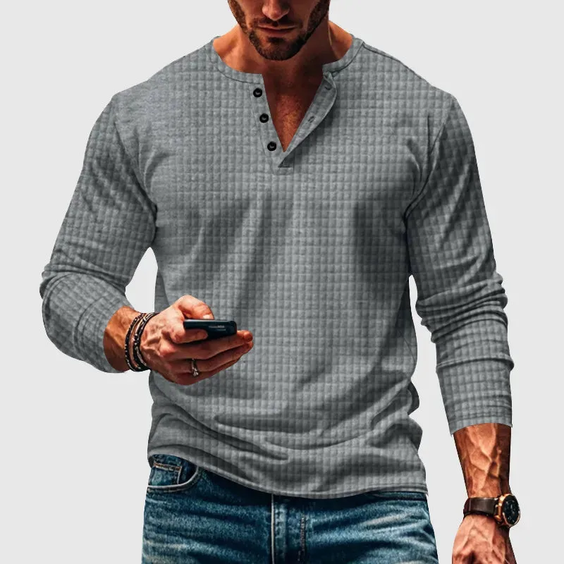 Stellar Atelier™️ | Casual Textured Plaid Slim Fit Long Sleeve Henley T-Shirt