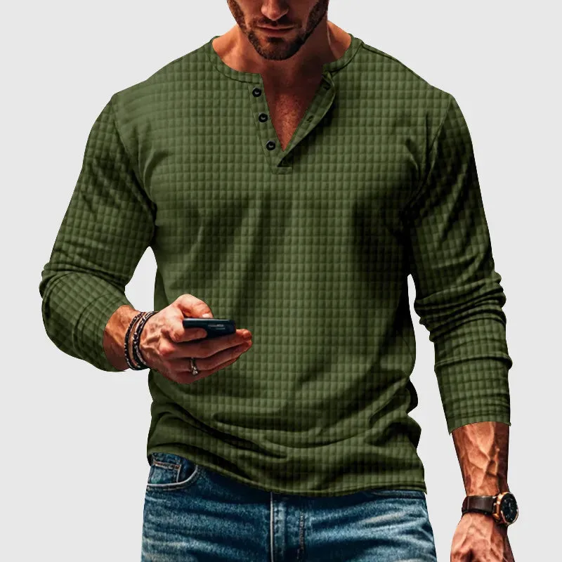 Stellar Atelier™️ | Casual Textured Plaid Slim Fit Long Sleeve Henley T-Shirt
