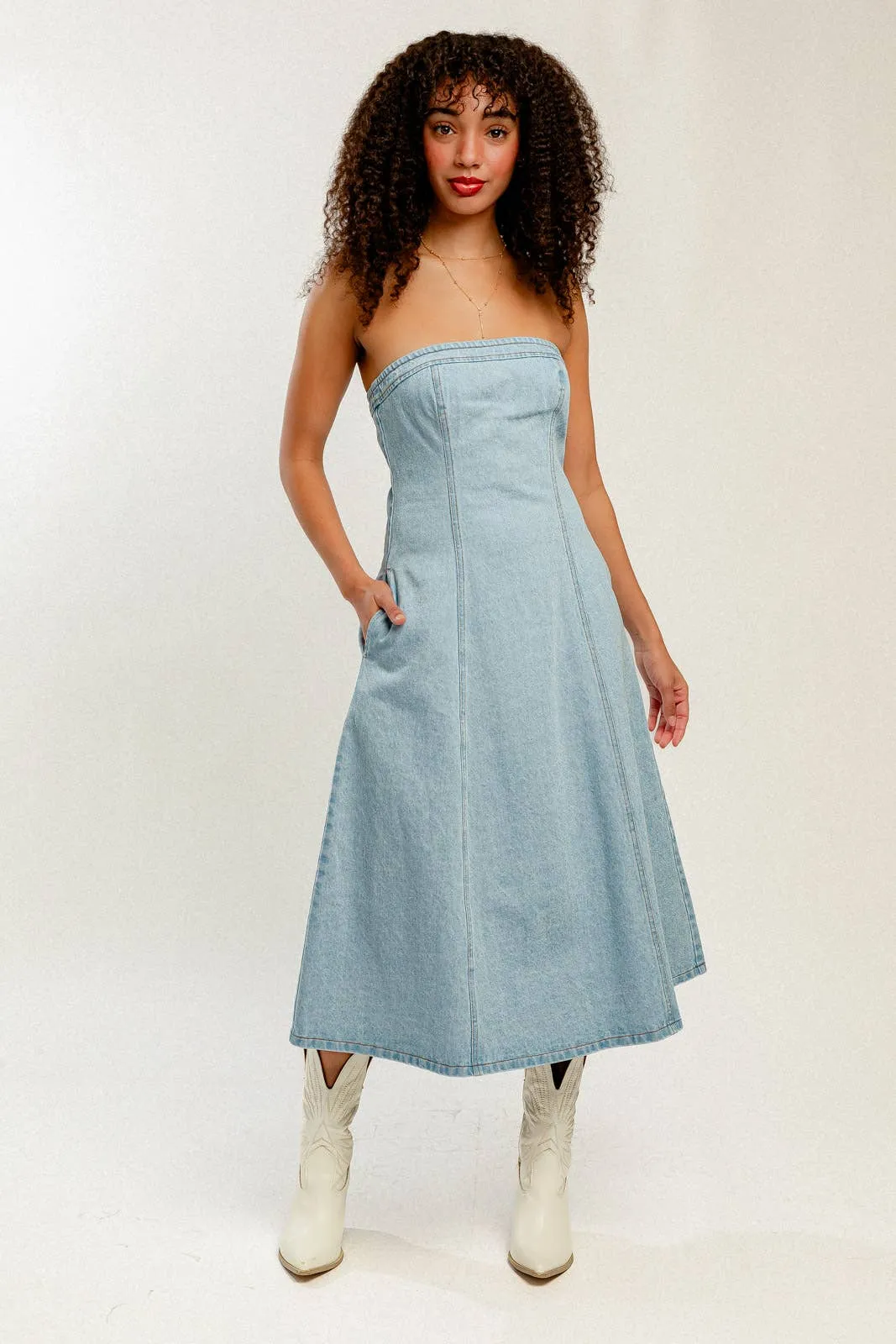 Strapless Denim Midi Dress