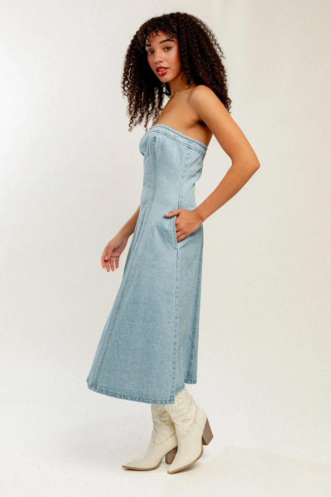 Strapless Denim Midi Dress