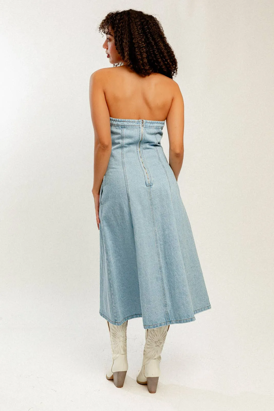 Strapless Denim Midi Dress