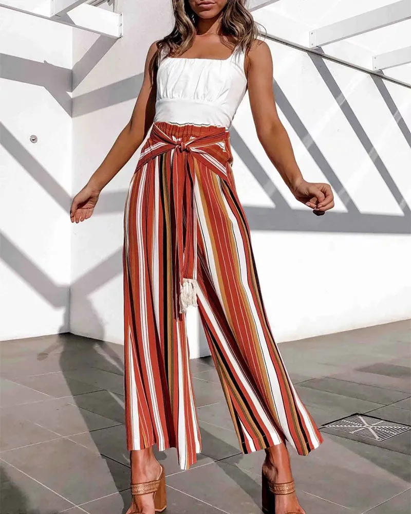 Striped Lace-up Loose Trousers Pants