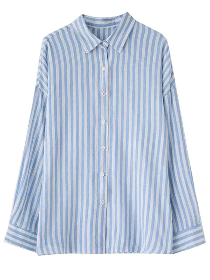 Summer Extra Thin Striped Lapel Button Up Shirt for Women