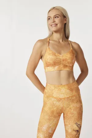 Sunset Flow Women’s Strappy Back Sports Bra – Lightweight Support with Marble Tie-Dye Print