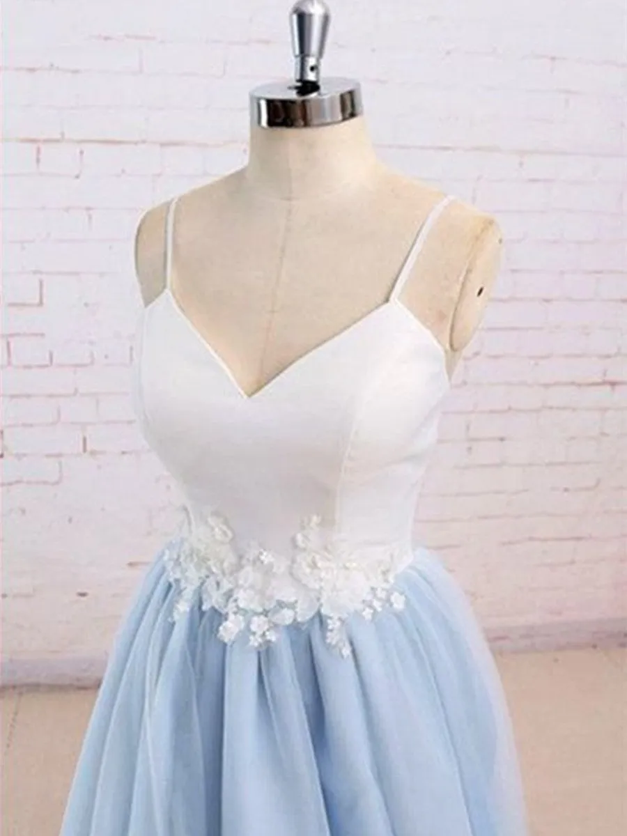 Sweetheart Neck Backless Lace Blue and White Sweep Train Prom Dress, Formal Dress