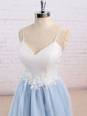 Sweetheart Neck Backless Lace Blue and White Sweep Train Prom Dress, Formal Dress