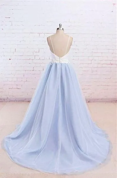 Sweetheart Neck Backless Lace Blue and White Sweep Train Prom Dress, Formal Dress