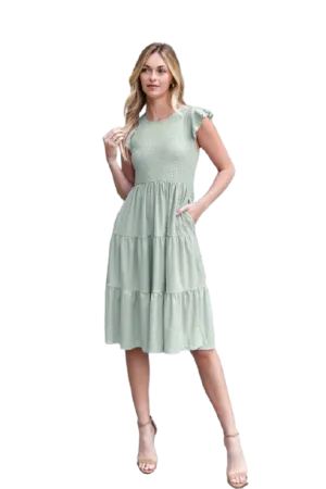 Swiss Dot Ruffle Cap Sleeve Tiered Dress Sage Light - Pack of 6