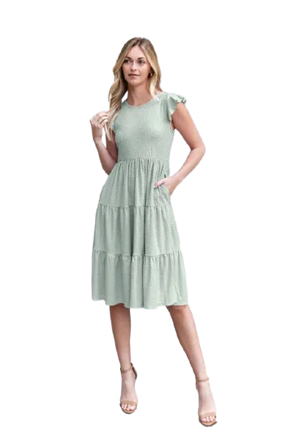 Swiss Dot Ruffle Cap Sleeve Tiered Dress Sage Light - Pack of 6