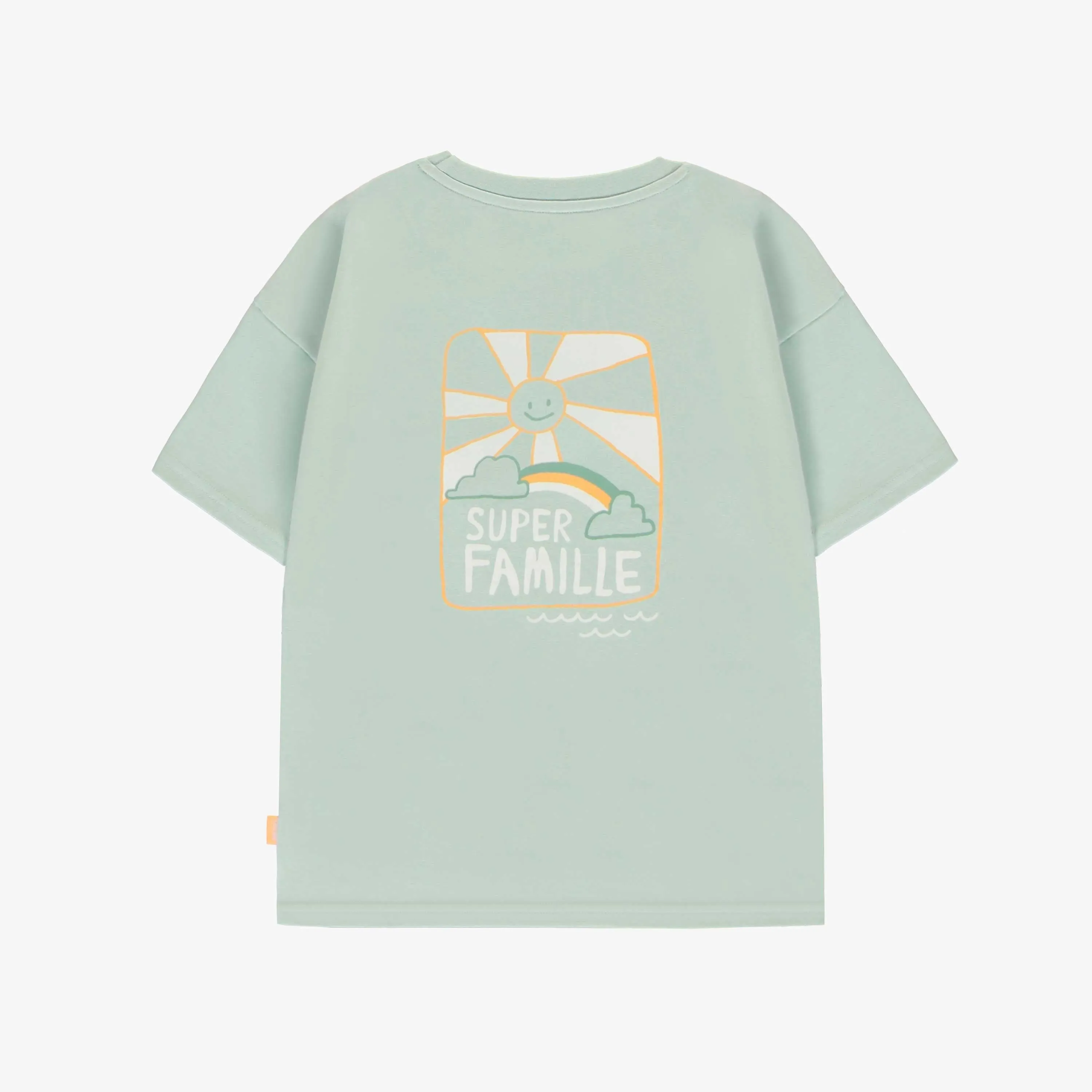 T-shirt à manches courtes vert sauge avec illustrations, enfant || Sage green short-sleeved t-shirt with illustrations, child