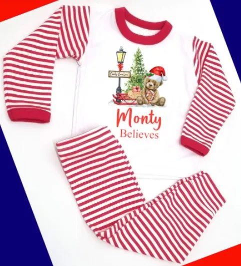 Teddybear Design Personalised Red Stripe Pyjamas